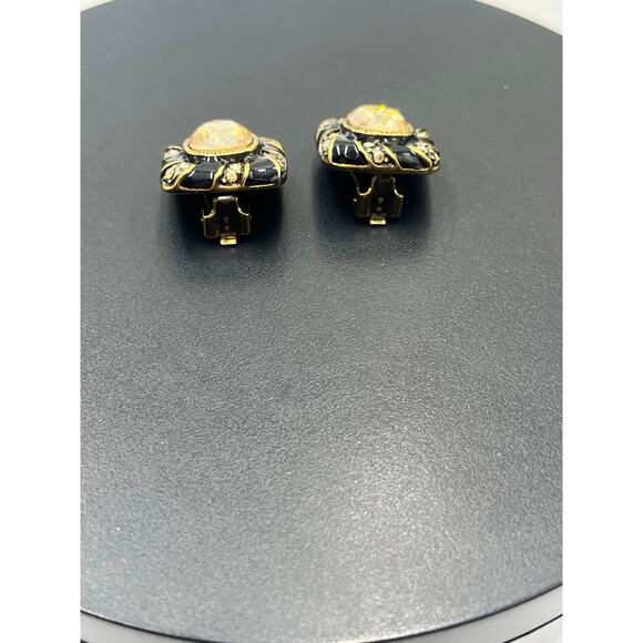 Heidi Daus Vintage Black Enamel Sparkling Yellow Crystal Center Clip On Earrings - Picture 3 of 9